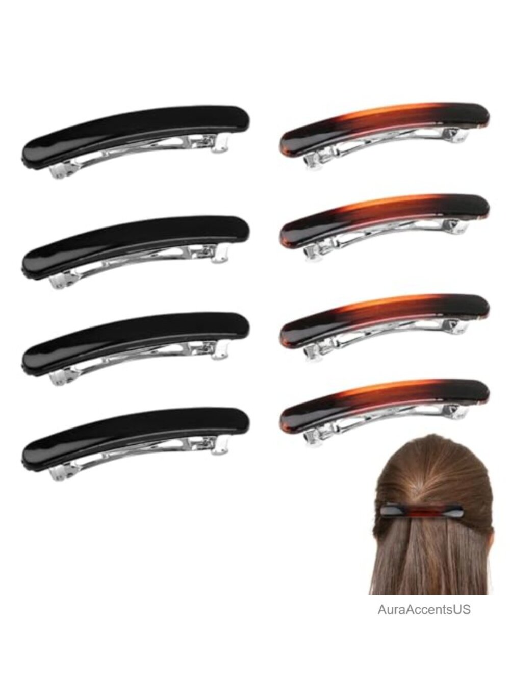 French Barrette Hair Clips Set of 8, Metal Spring Clamp, for Fine Hair Styling